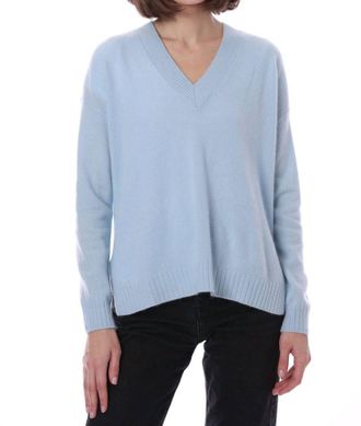 Minnie Rose Cashmere Long And Lean V-Neck Sweater In Baby Blue