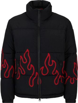 HUGO BOSS flame-print quilted jacket - men - Polyamide/Polyamide/Recycled Polyester/Polyester - L - Black