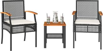 vidaXL Mesita Y Sillas Con Cojines 3 Pzas Rat&aacute;n Pe Madera Acacia Negro Vidaxl