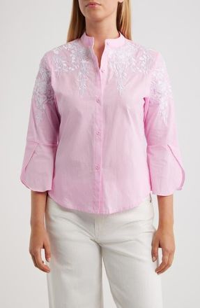 Nikki Lund Veronique Embroidered Cotton Button-Up Shirt in Pink at Nordstrom, Size Xx-Large