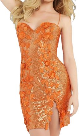 Jovani Sequin 3D Floral Applique Fitted Cocktail Dress In Orange