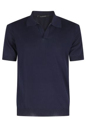 Tagliatore Blue Keith Short Sleeve Ribbed Trim Cotton Polo Shirt