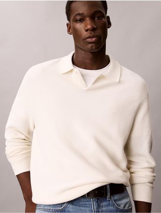 Calvin Klein Mens Textured Cotton Polo Sweater - White - 2XL