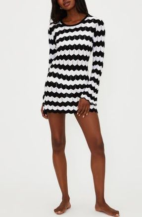 Beach Riot Libbi Long Sleeve Pointelle Cover-Up Dress in Black And White Tides at Nordstrom Rack, Size X-Small