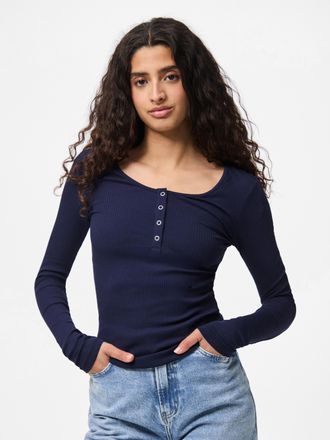 Pieces Langarmshirt PIECES PCKITTE LS TOP NOOS BC, Damen, Gr. XL, maritime blau, Single Jersey, Obermaterial: 95% Baumwolle, 5% Elasthan, unifarben, slim fit