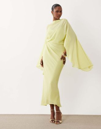 Asos Vestito al polpaccio drappeggiato a mantella verde lime con maniche stile kimono e schiena scoperta