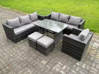 Fimous 9 Seater Wicker PE Rattan Garden Dining Set Outdoor Furniture Sofa with Patio Dining Table Armchair in Dark Grey