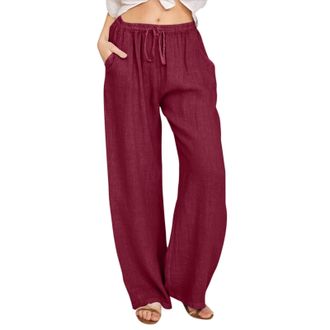 Generic Womens Summer Cotton Linen Pants Drawstring Elastic Waist Cropped Trousers for Women UK Solid Color Plus Size Wide Leg Trousers Lightweight Loose Fit 