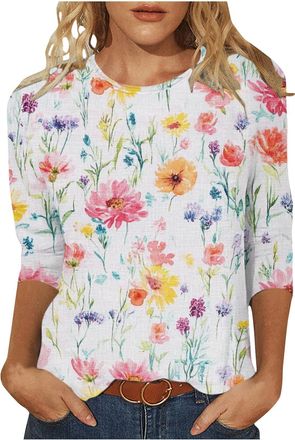 Generic My Orders 2025 Spring Shirts for Women UK Casual 3/4 Sleeve Crewneck Tunic Tops Dressy Trendy Lightweight Loose Fit Blouse Funny Floral Printed T-Shir