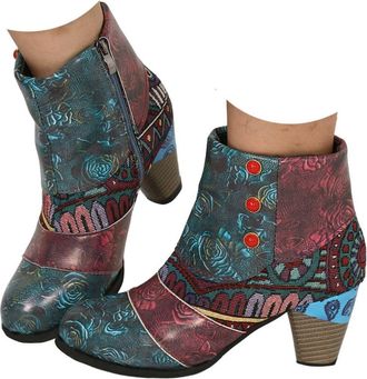 Generic Ankle Cowboy Boots for Women 2025,Round Toe Fashion Casual Retro Floral Print Side Zipper Chunky Heels Short Boots Western Cowboy Wide Width Trendy Le