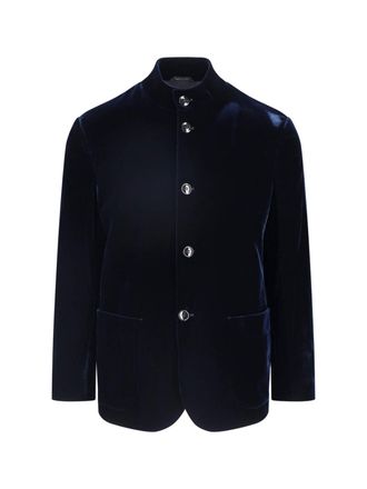 Giorgio Armani Blue Stand Collar Button-Up Viscose Velvet Jacket