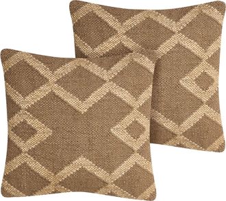 Beliani Set Di 2 Cuscini In Iuta E Lana Marrone Chiaro E Beige Motivo Geometrico 45 X 45 Cm Gopi