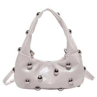 Generic Women PU Rivet Shoulder Bag Stylish Crossbody Bag Solid Color Fashion Tote Handbag Adjustable Strap Punk Style Satchel Purse Outdoor Travel Bag (White