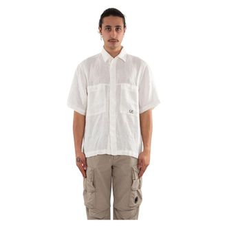 C.P. Company Boxy Linnen Shirt - Heren - Korte mouwen Overhemden - Wit - 2XL - Linnen - Overhemden