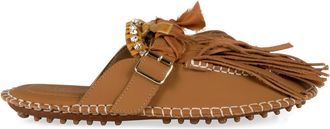 13 09 SR Womens Puli Leather Mules Saddle Brown Crystal Slippers Flat Shoes