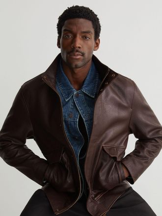 Reiss Burgundy Grained-leather Zip-through Jacket, Xxl