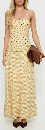 Princess Polly Marguerite Halter Dot Print Maxi Dress in Lemon/brown Polkadot at Nordstrom, Size 12