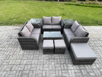 Fimous Wicker PE Rattan Garden Furniture Set Outdoor Lounge Sofa Set with Love Sofa Coffee Table 2 Side Tables 3 Footstools in Dark Grey