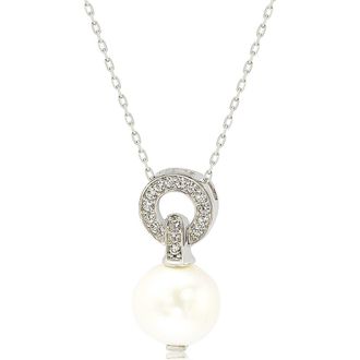 Suzy Levian Sterling Silver 10mm Freshwater Pearl & Created Sapphire Pendant in White at Nordstrom Rack