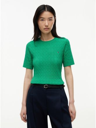 Tommy Hilfiger Womens Short-Sleeve Cable Knit Sweater - Green - XXL