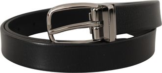Dolce & Gabbana Mens Black Leather Silver Chrome Metal Logo Buckle Belt