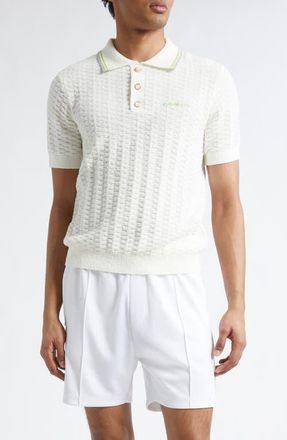Casablanca Tennis Logo Embroidered Boucl&eacute; Polo in White at Nordstrom, Size X-Large
