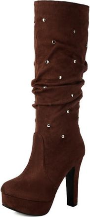 Generic Womens Round Toe Platform Knee High Boots Pleated Wide Calf Pull On Winter Fashion Shoes with Studded Decor (5.5,Brown)