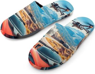 Generic Car Racing Flannel Mens Slip-on Slippers Winter Warm House Shoes with Rubber Sole for Home Hotel