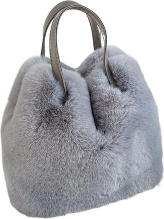 Generic Womens Plush Bags Practical Large-capacity Bucket Bag Handbag Imitation Rabbit Fur Plush Tote Winter(Grey)