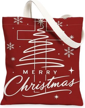 Generic Christmas Tree Canvas Tote Bags, Holiday Vintage Elegant Design Reusable Grocery Bags, Festive Lightweight Washable Shoulde, Red, 13x15 Inch