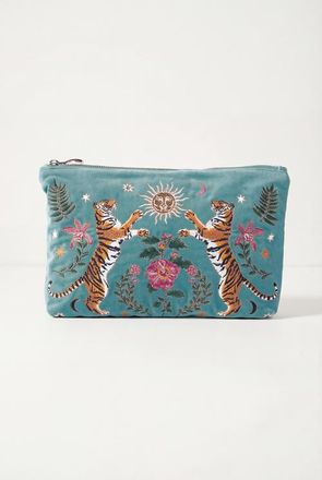 Elizabeth Scarlett Celestial Tiger Velvet Everyday Pouch in Dusky Teal at Nordstrom