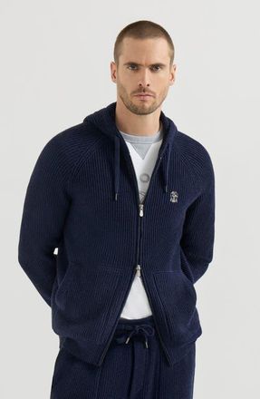 Brunello Cucinelli Cashmere English rib hooded knit sweatshirt with logo and zipper in Marine at Nordstrom, Size Xx-Large