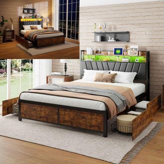 OEM Cama 160x200 Cm Negra Con 4 Cajones Y Led - Usb Y Toma De Corriente Integrados - Somier De Lamas - Dise&ntilde;o Moderno