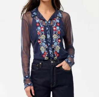 Johnny Was Womens Avelina Torrey Mesh Shirt In Blue