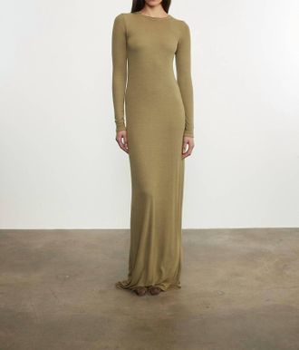 Enza Costa Silk Rib Long Sleeves Crewneck Fluid Dress In Olive Stone