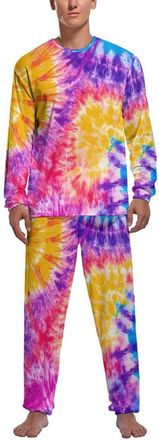 Generic Tie-dye Rainbow Mens Pajamas Sets Crewneck Long Sleeve Pjs Tops Pants Soft Comfy Sleepwear