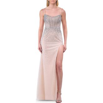 La Femme Fitted Net Dress with Rhinestones and U Slit in Blush at Nordstrom, Size 12