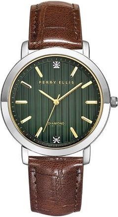 Perry Ellis Ultrathin Diamond Leather Strap Watch, 42mm in Silver at Nordstrom Rack