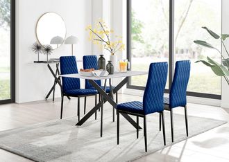 Furniturebox Leonardo White Glass Marble Effect Black Leg Table & 4 Velvet Milan Black Leg Chairs in Navy