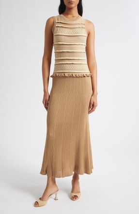 Ramy Brook Annie Ruffle Sleeveless Midi Dress in Camel/ivory Combo at Nordstrom, Size Xx-Small