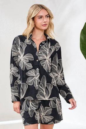 Tribal Embroidered Long Sleeve Button-Front Blouse In Black