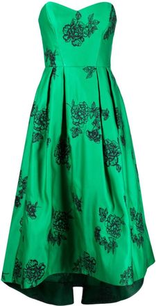 Marchesa floral-embroidery strapless midi dress - women - Metallic Fibre/Polyester/Polyester - 6 - Green