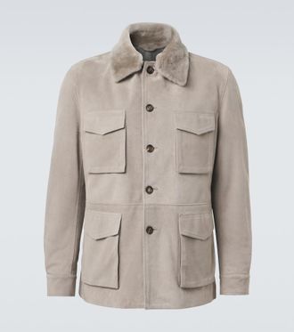 Eleventy Shearling-trimmed suede field jacket