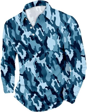 Generic Mens Camo Shirts Long Sleeve - Polo Shirts for Men Adult Long Sleeve Breathable Casual Work Golf Top 3D Flower Printed Camouflage Lapel Button Down T 