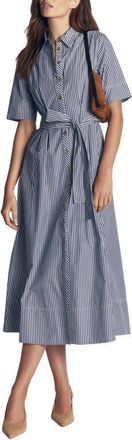 Boden Striped Cotton Midi Shirt Dress in Navy Ivory Fine Stripe at Nordstrom, Size 10