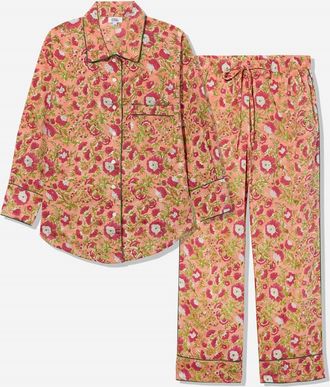 Folkloore Womens Lightweight Cotton Floral Long Pajama Set In Coral / Burgundy