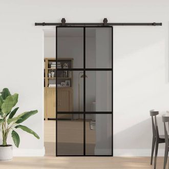 vidaXL Puerta Corredera Con Herrajes Negro 90x205 Cm Vidrio Templado Vidaxl