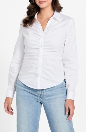 Guess Emily Shirred Cotton Blend Poplin Button-Up Shirt in White at Nordstrom, Size X-Small