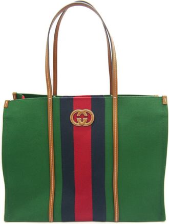 Gucci Green Canvas Leather Shoulder Bag Tote Bag (Pre-Owned)