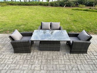 Fimous High Back Rattan Garden Furniture Sofa Sets with Height Adjustable Rising Lifting Table Side Table Big Footstool in Dark Grey